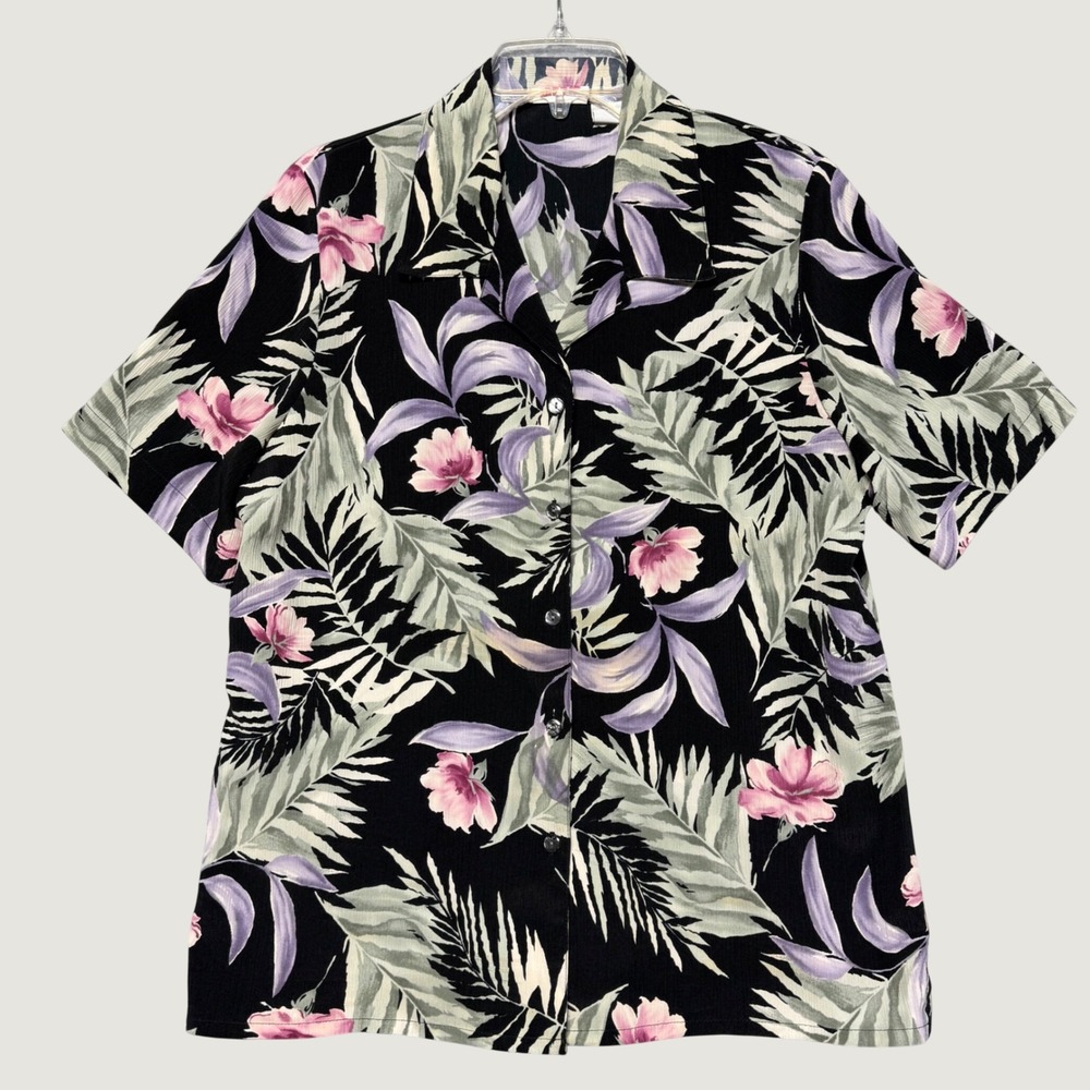 Alia Womens Tropical Floral Button Front Blouse Black‎ Pink Purple Size 12